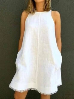 Women's Casual Dress Cotton Linen Dress White Dress Mini Dress Cotton Blend Casual Outdoor Daily Vacation Crew Neck Pocket Sleeveless Summer Spring 2023 Loose Fit Black White Yellow Pure Color S M L -HANA Luxury Wear Shop vzzcwe1680163647672