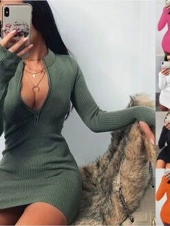 Women's Sweater Dress Winter Dress Jumper Dress Mini Dress Zipper Daily Date Going Out Active Fashion V Neck Long Sleeve 2023 Regular Fit Black White Purple Color S M L XL XXL Size -HANA Luxury Wear Shop walhnh1692849289375