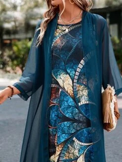 Women's Two Piece Dress Set Casual Dress Print Dress Outdoor Daily Fashion Streetwear Print Midi Dress Crew Neck Long Sleeve Floral Regular Fit Blue Summer Spring S M L XL XXL -HANA Luxury Wear Shop waytgu1684477145102