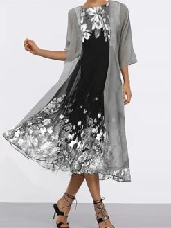 Women's Two Piece Dress Set Casual Dress Swing Dress Daily Date Streetwear Modern Print Midi Dress Crew Neck Half Sleeve Floral Loose Fit Purple Gray Spring Fall M L XL XXL 3XL -HANA Luxury Wear Shop wbftmc1691043048659