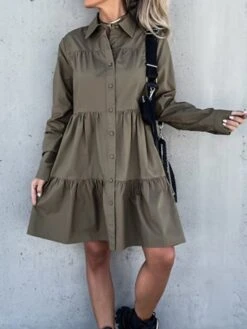 Women's Shirt Dress Casual Dress Swing Dress Midi Dress Outdoor Daily Vacation Cotton Basic Modern Shirt Collar Ruffle Button Long Sleeve Fall Winter 2023 Regular Fit ArmyGreen Black White Pure Color -HANA Luxury Wear Shop wbivyy1695813926382