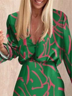 Women's Two Piece Dress Set Casual Dress Skirt Set Daily Going Out Streetwear Casual Button Print Mini Dress Shirt Collar Long Sleeve Geometric Color Block Loose Fit Green Khaki Fall Winter S M L XL -HANA Luxury Wear Shop wbnwjt1693886041801