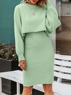 Women's Two Piece Dress Set Casual Dress Skirt Set Daily Going Out Fashion Streetwear Print Mini Dress Crew Neck Long Sleeve Plain Regular Fit Black Yellow Light Green Fall Winter M -HANA Luxury Wear Shop wcixbg1693295677007