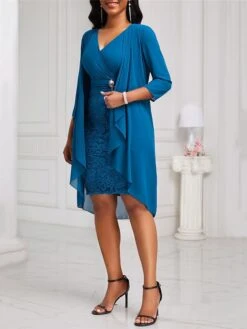 Women's Two Piece Dress Set Party Dress Lace Dress Party Wedding Guest Fashion Elegant Lace Patchwork Midi Dress V Neck 3/4 Length Sleeve Plain Regular Fit Blue Fall Winter S M L XL XXL -HANA Luxury Wear Shop wclmsv1696604828416