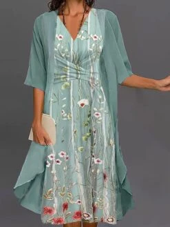 Women's Two Piece Dress Set Casual Dress Print Dress Outdoor Daily Fashion Streetwear Knot Front Print Midi Dress V Neck Half Sleeve Floral Regular Fit Green Summer Spring S M L XL XXL
