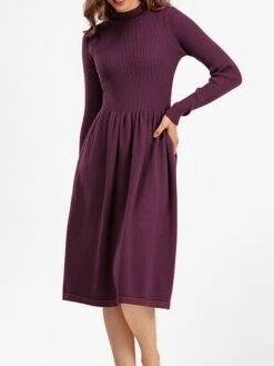 Women's Sweater Dress Jumper Dress Casual Dress Midi Dress Active Plain Outdoor Casual Holiday Vacation Crew Neck Long Sleeve Ruched 2023 Regular Fit Black Blue Purple One Size -HANA Luxury Wear Shop wcolpl1697537800489