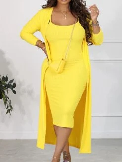 Women's Two Piece Dress Set Casual Dress Sheath Dress Outdoor Daily Fashion Streetwear Ruched Midi Dress U Neck Long Sleeve Plain Slim Black White Yellow Fall Winter S M L XL XXL -HANA Luxury Wear Shop wcqcup1693295598617