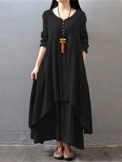 Women's Casual Dress Cotton Dress Swing Dress Maxi Long Dress Cotton Stylish Casual Winter Dress Daily Holiday V Neck Button Layered Long Sleeve Summer Spring Fall 2022 Loose Fit Black White Yellow -HANA Luxury Wear Shop wcrkqi1657786370710