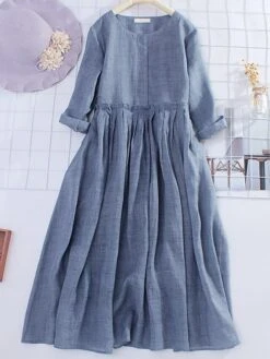 Women's Casual Dress Cotton Linen Dress Midi Dress Linen / Cotton Blend Basic Classic Outdoor Daily Vacation Crew Neck Ruched 3/4 Length Sleeve Fall Autumn 2023 Loose Fit Yellow Blue Plain M L XL 2XL -HANA Luxury Wear Shop wdjywz1693226284840