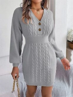 Women's Sweater Dress Winter Dress Jumper Dress Mini Dress Active Pure Color Outdoor Casual Holiday Vacation V Neck Long Sleeve Button 2023 Regular Fit White Pink Green S M L -HANA Luxury Wear Shop wduspp1696926544440