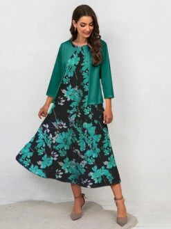 Women's Two Piece Dress Set Casual Dress Swing Dress Outdoor Office Fashion Streetwear Print Midi Dress Crew Neck 3/4 Length Sleeve Floral Regular Fit Navy Blue Royal Blue Blue Fall Winter S M L XL -HANA Luxury Wear Shop wdwcgr1697770547129