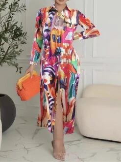 Women's Shirt Dress Casual Dress Maxi Long Dress Outdoor Daily Date Polyester Fashion Hot Shirt Collar Button Pocket Long Sleeve Summer Spring Fall 2023 Regular Fit Black White Yellow Geometric Color -HANA Luxury Wear Shop wdznht1689054935974