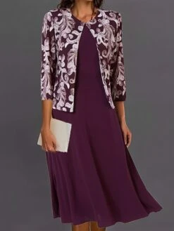 Women's Casual Dress Dress Set Two Piece Dress Midi Dress Black Wine Navy Blue 3/4 Length Sleeve Print Print Winter Fall Autumn Crew Neck Stylish 2023 S M L XL XXL 3XL