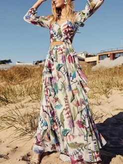 Women's Two Piece Dress Set Casual Dress Skirt Set Outdoor Daily Fashion Elegant Ruffle Print Long Dress Maxi Dress V Neck Long Sleeve Leaf Floral Regular Fit Purple Apricot Summer Spring S M L XL