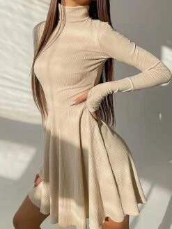Women's Sweater Dress Jumper Dress Casual Dress Mini Dress Fashion Pure Color Outdoor Daily Vacation Going Out Turtleneck Long Sleeve Patchwork 2023 Loose Fit Pink Blue Brown S M L -HANA Luxury Wear Shop wewaol1695643857280