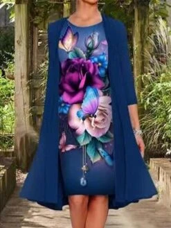 Women's Two Piece Dress Set Shift Dress Chiffon Dress Daily Going Out Casual Print Midi Dress Crew Neck 3/4 Length Sleeve Floral Regular Fit Navy Blue Light Purple Purple Summer Spring M L XL XXL XXXL -HANA Luxury Wear Shop wezyja1672827938444