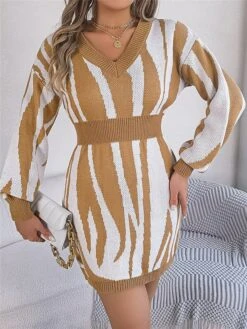 Women's Sweater Dress Winter Dress Jumper Dress Mini Dress Warm Stripe Outdoor Casual Holiday Vacation V Neck Long Sleeve Patchwork 2023 Loose Fit Green Khaki Rose Red S M L -HANA Luxury Wear Shop wfbexe1696926511792