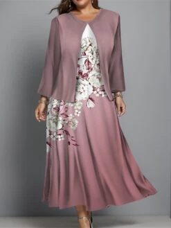 Women's Plus Size Two Piece Dress Set Casual Dress Swing Dress Outdoor Office Fashion Streetwear Print Midi Dress Crew Neck Long Sleeve Floral Ombre Regular Fit Blue Purple Green Fall Winter L XL XXL -HANA Luxury Wear Shop wfcgzo1697444370253