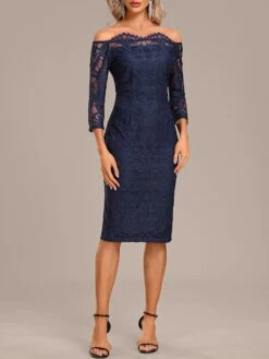 Women's Two Piece Dress Set Party Dress Lace Dress Party Outdoor Fashion Streetwear Lace Midi Dress Off Shoulder Long Sleeve Plain Regular Fit Navy Blue Fall Winter S M L XL XXL -HANA Luxury Wear Shop wffebb1697450717043