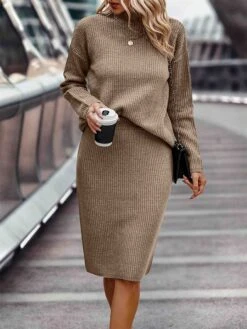 Women's Two Piece Dress Set Casual Dress Skirt Set Outdoor Daily Fashion Streetwear Ribbed Midi Dress Stand Collar Long Sleeve Plain Loose Fit Khaki Gray Fall Winter S M L XL XXL -HANA Luxury Wear Shop wfrsxb1693534953288