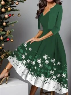 Women's Two Piece Dress Set Casual Dress Swing Dress Outdoor Christmas Fashion Elegant Print Midi Dress V Neck Half Sleeve Snowflake Regular Fit Wine Dark Green Green Fall Winter S M L XL XXL -HANA Luxury Wear Shop wgdskw1697181062580