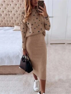 Women's Two Piece Dress Set Casual Dress Skirt Set Daily Date Streetwear Casual Print Midi Dress Turtleneck Long Sleeve Star Regular Fit White Red Navy Blue Fall Winter S M L XL -HANA Luxury Wear Shop wgpfjd1695364270966