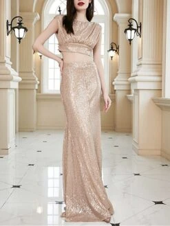 Women's Two Piece Dress Set Party Dress Skirt Set Party Wedding Guest Fashion Elegant Sequin Long Dress Maxi Dress Crew Neck Sleeveless Plain Regular Fit Apricot Summer Spring S M L XL -HANA Luxury Wear Shop wgytkz1690274868990