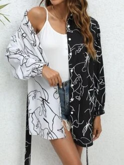Women's Shirt Dress Casual Dress Mini Dress Outdoor Daily Vacation Polyester Fashion Modern Shirt Collar Lace Up Button Long Sleeve Spring Fall Winter 2023 Loose Fit White Abstract Portrait S M L XL -HANA Luxury Wear Shop whoecu1692352090887