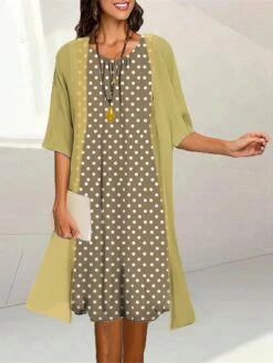 Women's Two Piece Dress Set Casual Dress Print Dress Outdoor Daily Fashion Elegant Print Midi Dress Crew Neck 3/4 Length Sleeve Polka Dot Loose Fit Black Yellow Blue Summer Spring S M L XL XXL -HANA Luxury Wear Shop wiganu1689736229391