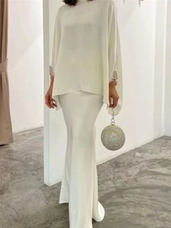 Women's Two Piece Dress Set Casual Dress Skirt Set Daily Going Out Elegant Modern Ruffle Long Dress Maxi Dress Stand Collar Long Sleeve Plain Regular Fit Silver Black White Fall Winter S M L XL XXL -HANA Luxury Wear Shop wilqor1693386800747