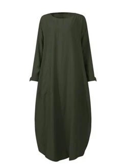 Women's Casual Dress Cotton Linen Dress Abaya Maxi Long Dress Linen / Cotton Blend Classic Casual Outdoor Daily Vacation Crew Neck Pocket Split Long Sleeve Spring Fall Winter 2023 Loose Fit ArmyGreen -HANA Luxury Wear Shop wiquym1692340974054