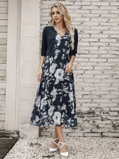 Women's Two Piece Dress Set Casual Dress Chiffon Dress Outdoor Daily Fashion Elegant Print Midi Dress V Neck Half Sleeve Floral Regular Fit Black Pink Gray Summer Spring S M L XL XXL -HANA Luxury Wear Shop wjvnbt1695873661671