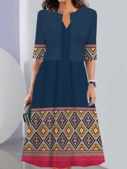 Women's Two Piece Dress Set Casual Dress Tank Dress Outdoor Daily Vintage Casual Pocket Print Midi Dress V Neck 3/4 Length Sleeve Geometric Color Block Regular Fit Black Pink Wine Summer Spring S M L -HANA Luxury Wear Shop wkdxff1690441704251