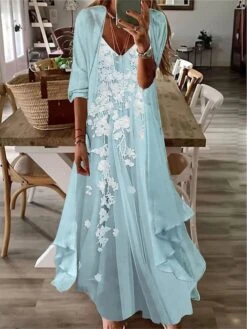 Women's Casual Dress Dress Set Two Piece Dress Long Dress Maxi Dress Light Green Pink Purple Long Sleeve Flower Print Summer Spring V Neck Fashion Loose Fit 2023 S M L XL XXL 3XL -HANA Luxury Wear Shop wkgloo1672136838986