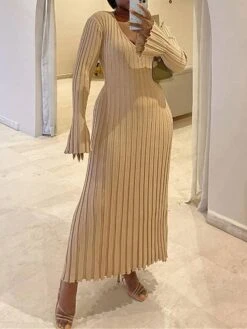 Women's Sweater Dress Winter Dress Jumper Dress Long Dress Maxi Dress Pleated Ribbed Daily Date Going Out Fashion Basic V Neck Long Sleeve 2023 Regular Fit Black White Apricot Color S M L Size -HANA Luxury Wear Shop wkqdtq1692172893448