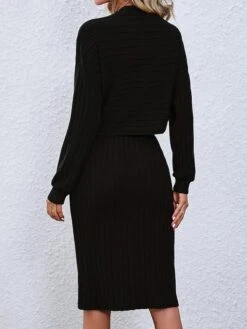 Women's Two Piece Dress Set Casual Dress Skirt Set Outdoor Daily Active Fashion Ribbed Midi Dress Turtleneck Long Sleeve Plain Loose Fit Black Wine Gray Fall Winter S M L XL XXL -HANA Luxury Wear Shop wleakx1693294057881