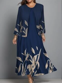 Women's Plus Size Two Piece Dress Set Casual Dress Swing Dress Outdoor Office Fashion Streetwear Print Midi Dress Crew Neck Long Sleeve Floral Regular Fit Burgundy Navy Blue Blue Fall Winter L XL XXL -HANA Luxury Wear Shop wllzpi1697003813233