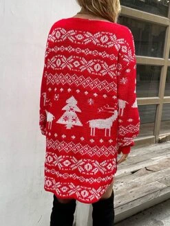 Women‘s Christmas Sweater Dress Jumper Dress Winter Dress Warm Geometric Tree Print Outdoor Christmas Casual Daily V Neck Long Sleeve 2023 Loose Fit Red S M L XL -HANA Luxury Wear Shop wlvfcf1694165713876