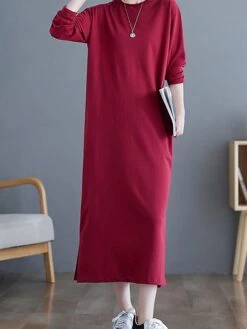 Women's Casual Dress Cotton Linen Dress T Shirt Dress Tee Dress Midi Dress Polyester Basic Classic Outdoor Daily Vacation Crew Neck Pocket 3/4 Length Sleeve Fall Autumn 2023 Loose Fit ArmyGreen Black -HANA Luxury Wear Shop wlzima1693366309330