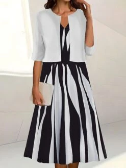 Women's Two Piece Dress Set Casual Dress Print Dress Outdoor Daily Fashion Elegant Print Midi Dress V Neck Half Sleeve Floral Stripe Regular Fit White Pink Blue Summer Spring S M L XL XXL -HANA Luxury Wear Shop wmcslm1690542117391