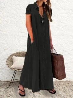 Women's Shirt Dress Casual Dress Cotton Linen Dress Maxi Long Dress Cotton Casual Daily Casual Daily Vacation Weekend Shirt Collar Button Pocket Short Sleeve Summer Spring 2023 Loose Fit Black Wine -HANA Luxury Wear Shop wmokfl1689937041478