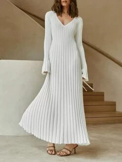 Women's Sweater Dress Winter Dress Jumper Dress Long Dress Maxi Dress Pleated Ribbed Daily Date Going Out Fashion Basic V Neck Long Sleeve 2023 Regular Fit Black White Apricot Color S M L Size -HANA Luxury Wear Shop wmqutb1692172894386