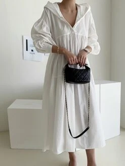 Women's Casual Dress Cotton Linen Dress Swing Dress Maxi Long Dress Linen / Cotton Blend Fashion Basic Outdoor Daily Vacation Hooded Ruched Pocket Long Sleeve Fall Winter Autumn 2023 Loose Fit Black -HANA Luxury Wear Shop wmxosy1693553167407