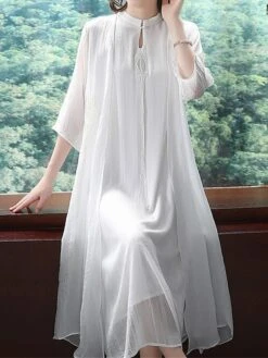 Women's Two Piece Dress Set Casual Dress Chiffon Dress Daily Holiday Fashion Streetwear Layered Midi Dress Stand Collar 3/4 Length Sleeve Plain Regular Fit White Beige Fall Winter M L XL XXL 3XL -HANA Luxury Wear Shop wndrjh1697524673979