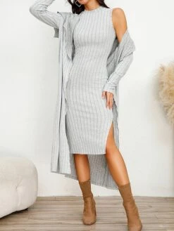 Women's Two Piece Dress Set Casual Dress Sheath Dress Home Daily Fashion Streetwear Split Midi Dress Stand Collar Long Sleeve Plain Slim Black Army Green Gray Fall Winter S M L XL XXL -HANA Luxury Wear Shop wnpwrl1695813697860