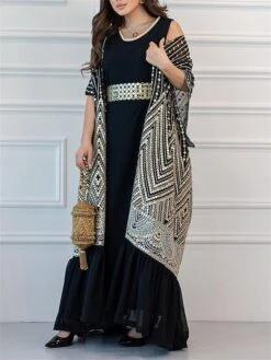 Women's Two Piece Dress Set Party Dress Sheath Dress Party Cocktail Party Fashion Party Lace Up Ruched Long Dress Maxi Dress Crew Neck Short Sleeve Print Loose Fit Black White Green Fall Winter S M L -HANA Luxury Wear Shop wozxed1696691502254