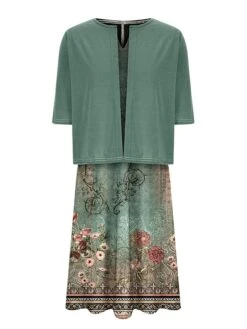 Women's Two Piece Dress Set Casual Dress Shift Dress Daily Going Out Fashion Casual Pocket Print Midi Dress V Neck 3/4 Length Sleeve Floral Loose Fit Navy Blue Royal Blue Dark Green Summer Spring S M -HANA Luxury Wear Shop wpgzfx1687327198355