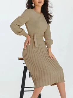 Women‘s Sweater Dress Winter Dress Bodycon Knee Length Dress Black Dark Green Khaki Long Sleeve Pure Color Lace Up Fall Winter Autumn Crew Neck Elegant Winter Dress Fall Dress 2023 S M L XL XXL -HANA Luxury Wear Shop wpzmac1657786351034