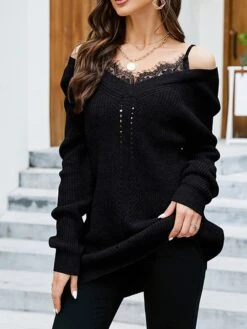 Women's Sweater Dress Winter Dress Jumper Dress Mini Dress Patchwork Cold Shoulder Daily Date Going Out Active Fashion V Neck Long Sleeve 2023 Loose Fit Black Blue Gray Color S M L XL Size -HANA Luxury Wear Shop wqbwmy1692857018658