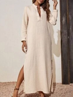 Women's Casual Dress Cotton Linen Dress Maxi Long Dress Linen / Cotton Blend Basic Classic Outdoor Daily Vacation Split Neck Split 3/4 Length Sleeve Summer Spring Fall 2023 Loose Fit Apricot Plain XS -HANA Luxury Wear Shop wqeftm1690268527395